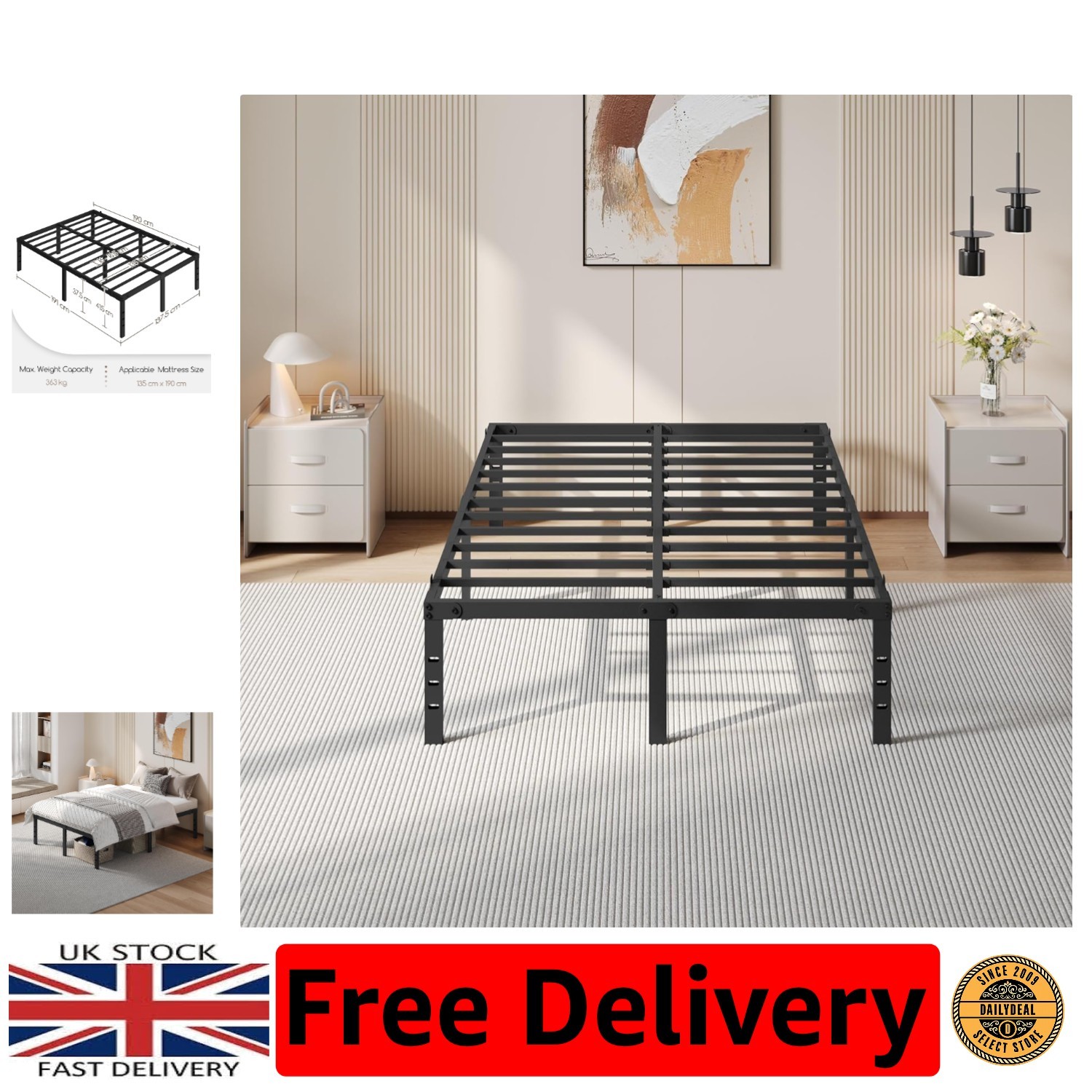 No Box Spring 41cm Double Bed Frame - Squeak Resistant with Solid Metal Slats