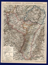 Landkarte anno 1896 - Reichsland Elsa&szlig; Lothringen Metz Colmar Stra&szlig;burg Vogesen