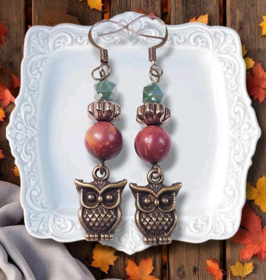 Pendientes Búho Rústico Picasso Jaspe Piedras Preciosas Cristal Verde Antiguo Ganchos Bronce Foto 4 de 4