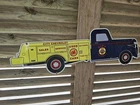 GIANT VINTAGE CHEVROLET GAS AND OIL SERVICE TRUCK PORCELAIN SIGN 34" X 10.5"