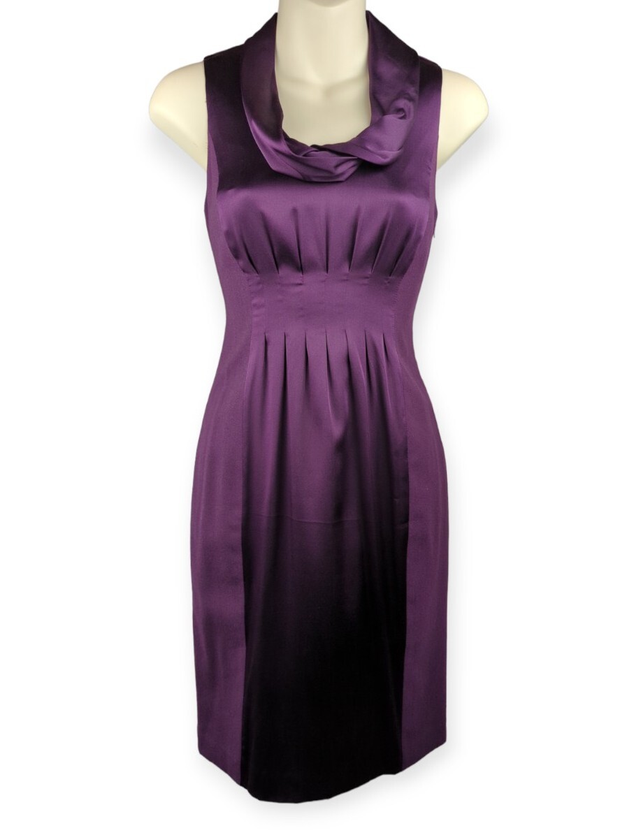 elie tahari purple dress Elie Tahari Silk Wool Color block Purple Sheath Dress Cowl Neck Sleeveless  XS 0