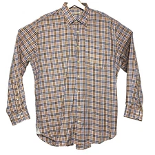 Peter Millar Brown Blue Orange Plaid Check L/S Cotton Btn Down Mens Size Large L