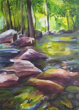acrylic painting on panel original handmade art landscape forest stream 14x10 in
