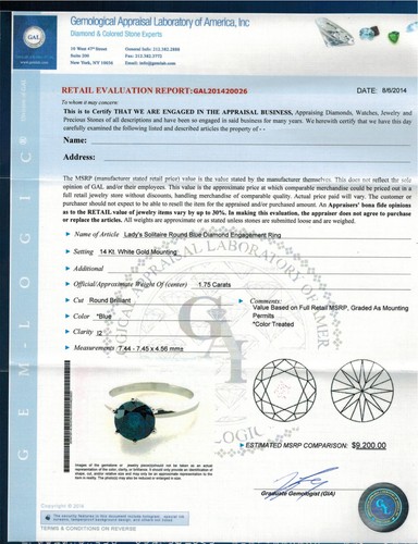 Anillo de compromiso solitario de diamantes mejorados azules de oro blanco de 14 quilates de 1,75 quilates para mujer - Imagen 2 de 2