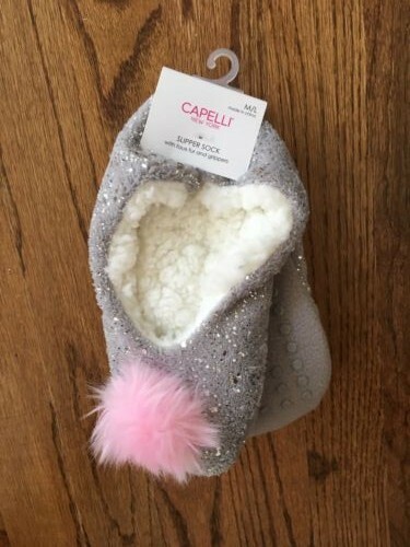 Girls Grippers Slippers Socks Faux Fur Pink Pom-Pom Sparkle Capelli M/L - Picture 2 of 4