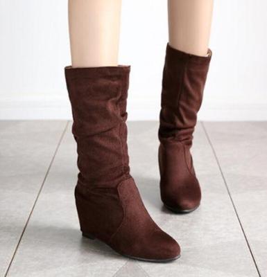 Women's Mid Calf Slouch Boots - Suede Flat Ankle Booties With Low Hidden Wedge & Removable Bow