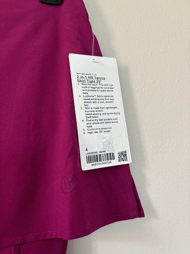 Lululemon 2 in 1 HR Tennis Skirt Tight 25” Size 4 Magenta MGPR New - 第 3/6 張圖片