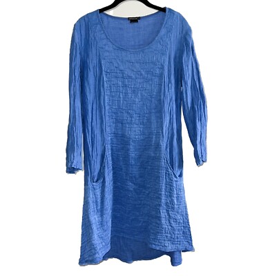 Grizas Sz M Textured Blue Crinkle Tunic Dress Silk Linen w Pockets
