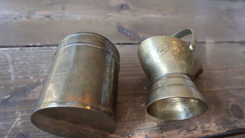 Antique Tinned Brass Tea Caddy and Creamer Chinese Floral Designs 3" - Picture 7 of 9