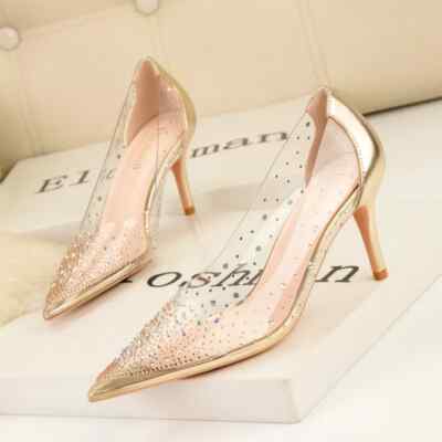 Damen Pumps Schuhe Gold Transparent Bequem 7,5 cm Elegant Kunstleder 233