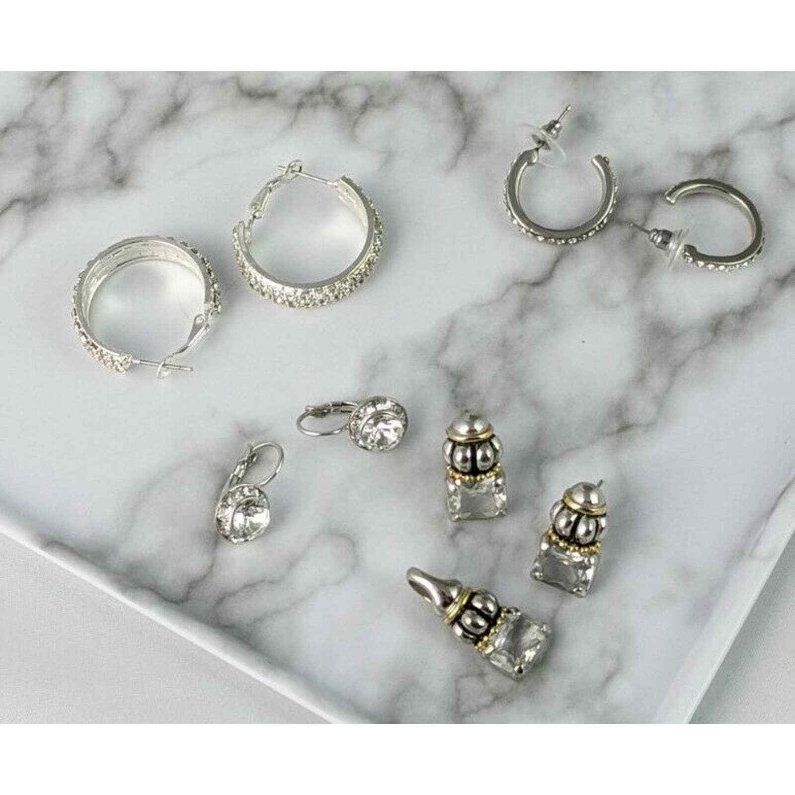 Rhinestone Pendant Pierced Earring Lot Silver Tone