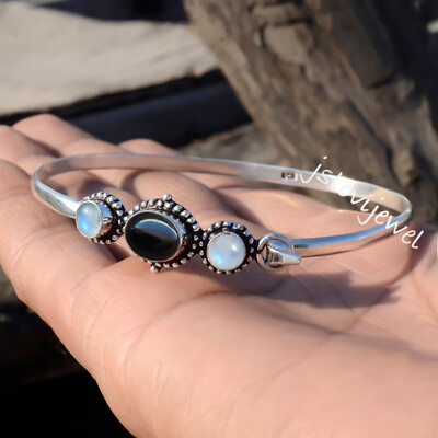 Black Onyx & Rainbow Moonstone Gemstone Cuff 925 Sterling Silver Women Bracelet