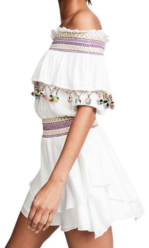 $185 Red Carter PomPoms Beach Dress X Small 2 White Swim Cover Up Smocked GIFT