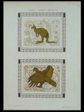 KANGAROO AND BIRD, ART NOUVEAU - 1910 GOLD INK LITHOGRAPH - ANIMALS