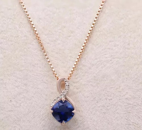 Ciondolo bellezza donna placcato oro rosa 14 carati zaffiro taglio cuscino 2 ct - Foto 3 di 10