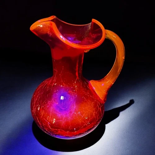 Vintage Blenko UV Reactive Cadmium Crackle Glass Pitcher GLOWS!
