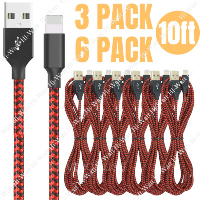 3/6Pack 10ft Braided USB Charger Cable Cord For iPhone 14 13 12 11 XR 8 7 6 iPad