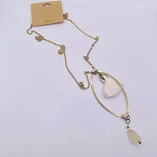 ZAD Boho Pendant Necklace 30" White Tassel Oval Drop Long Gold Tone Chain NWT