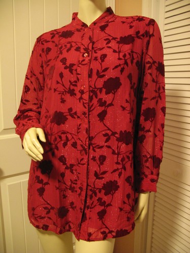 Vintage 90s Jaclyn Smith Button Up Shirt Top Silk Glitter Floral Red Preppy Chic - Bild 5 von 11