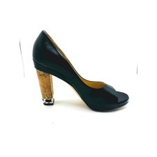 Chanel CC Logo Chain Peep Toe Cork Heel Pumps Black Leather EU 39.5