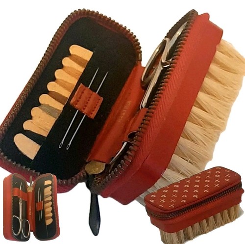 Vintage Travel Kit with Clothes Brush Manicure Set & Sewing Kit Red Leather Case