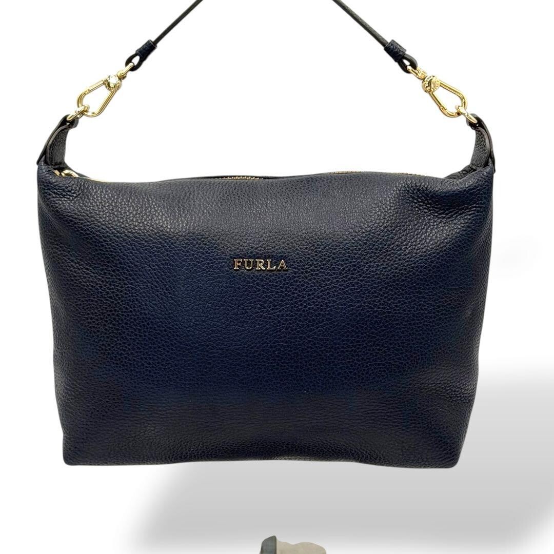 Furla Navy Pebbled Leather Hobo Shoulder Bag Gold Logo Women's Handbag