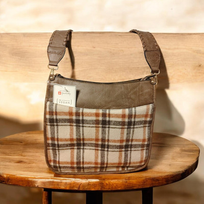 Jen Co Crossbody Bag Medium Brown Plaid Vegan Faux Leather Purse Cozy Pockets 1x