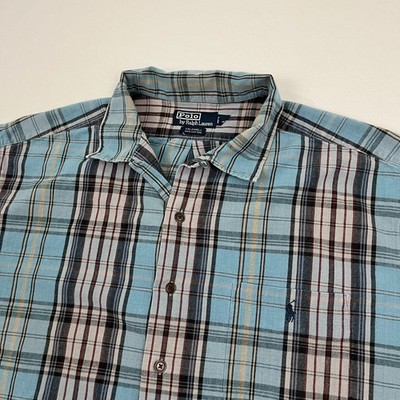 VTG Polo Ralph Lauren Caldwell Shirt Mens 2XL Blue Plaid Loop Collar Button Up