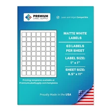 White Sticker Square Labels – 1" x 1" – Laser/Inkjet Compatible – (63 per She...