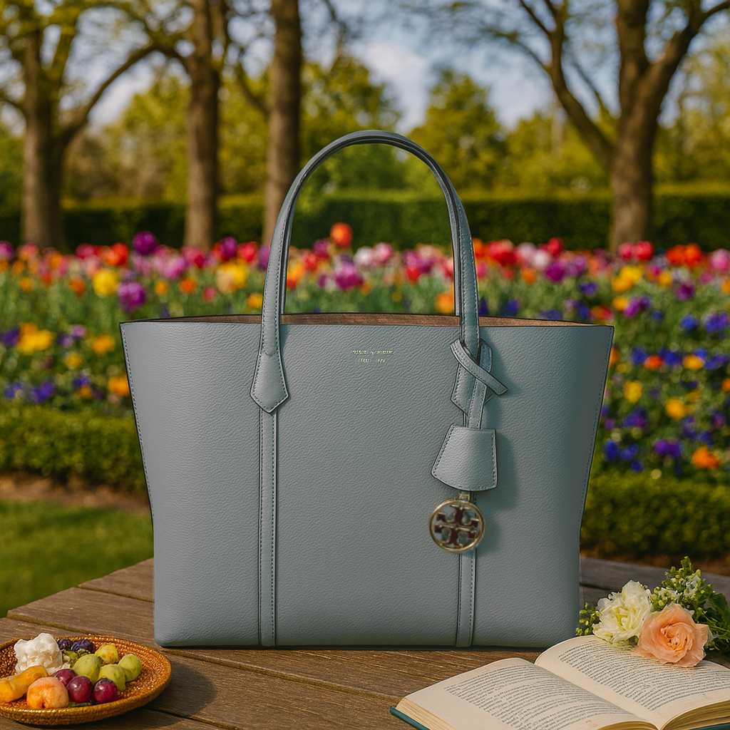 極美品 Tory Burch フルーツバスケット NEW Tory Burch Perry Triple Compartment Blue Celadon Large Leather