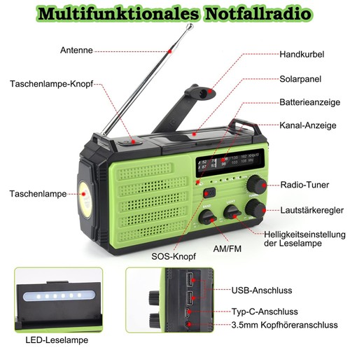 Awaryjne radio słoneczne korba ręczna AM / FM SOS ładowarka do telefonu komórkowego latarka LED USB DE - Zdjęcie 3 z 13