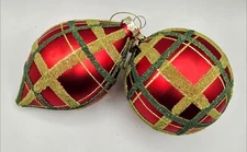 Red Green Plaid Stripe Beaded Ball Finial Glass Ornament 4-6" Set 2