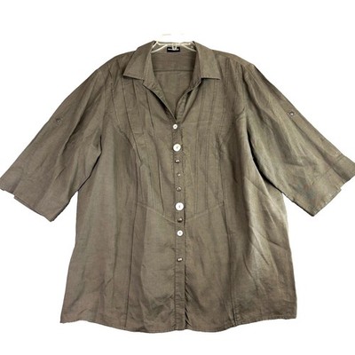 Samoon by Gerry Weber Size 20 Olive Green  Linen Button Front Tunic Top Blouse