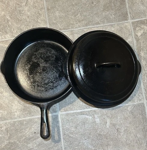 Vintage Griswold #8 Deep Cast Iron Chicken Fryer 777B Skillet w/ 1098B Lid -FLAT