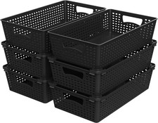 Stackable Plastic Woven Basket Organizer, 6 Pack, Black