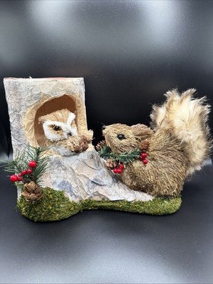 Pier One Christmas Owl & Squirrel in Stump Log Natural Figurine Home Decor