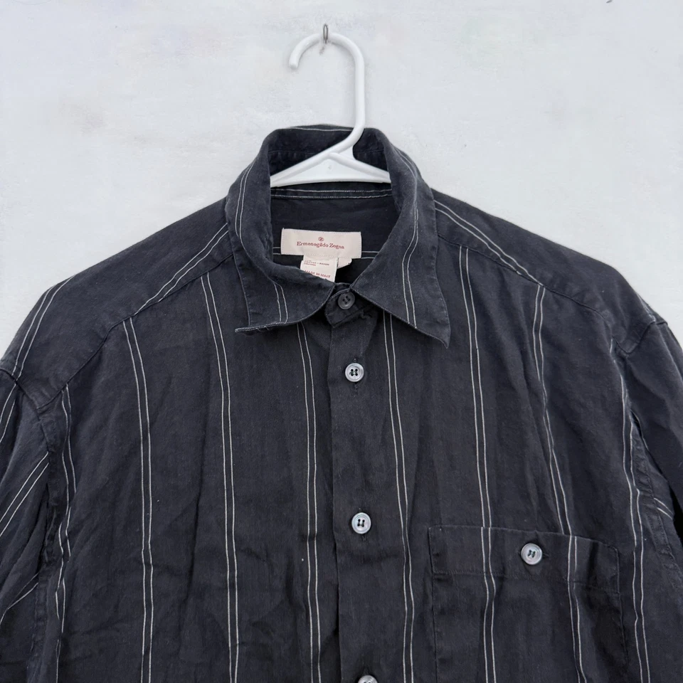 Camisa Ermenegildo Zegna Para Hombres M Negra Rayas Lino Negocios Informal Abotonada Foto 2 de 4