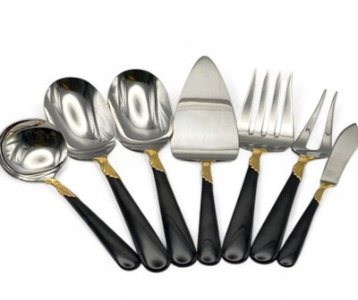 Vintage Yamazaki LINDI Hostess Set 7-Pc Gold Accent  Black Handle 18/8 Stainless