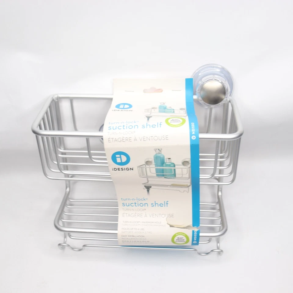 InterDesign Turn-N-Lock Suction Bathroom Shower Combo Basket 2 Tiers Silver - Image 2 of 4