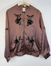 River Island Bomber Jacket Pink Satin Sequin Embellished Floral M UK 12/14