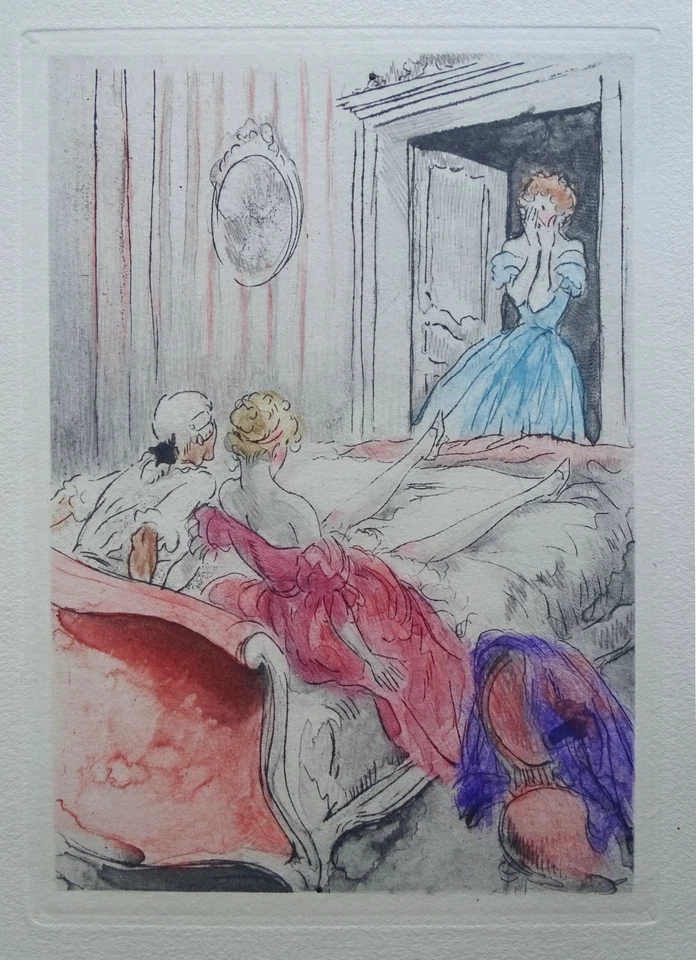 Louis ICART 1946 2 gravures originales Eau-forte La nuit Le Moment Curiosa rare - Photo 3/4