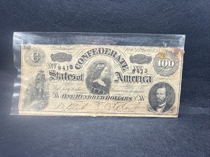 1864 $100 Confederate States of America One Hundred Dollar Note Richmond 