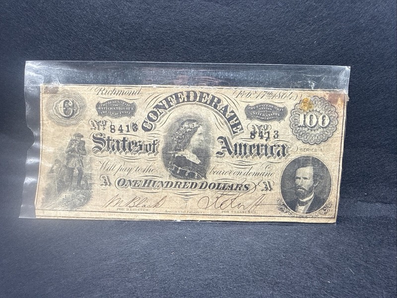 1864 $100 Confederate States of America One Hundred Dollar Note Richmond 