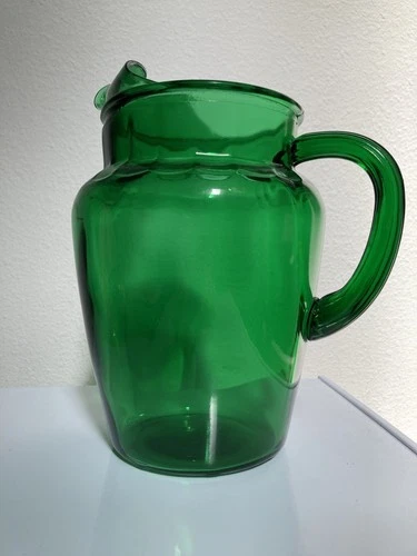 vintage Anchor Hocking Forest Green Glass Pitcher with ice lip and ribbed handle