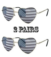 2 Pairs Combo Heart Sunglasses American Flag USA Image on Lenses Spring Hinge