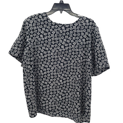 Notations Geometric Print Short Sleeve Blouse Womens Medium Black White Top
