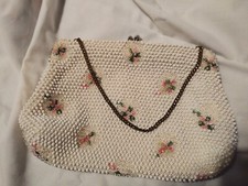 Vintage Pink Ivory Beaded Flowers Clutch
