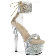 Sexy SANDALI Argento/Nudo Cavigliera Tacco 18 35/40 STRASS plateau Zip GLAMOUR