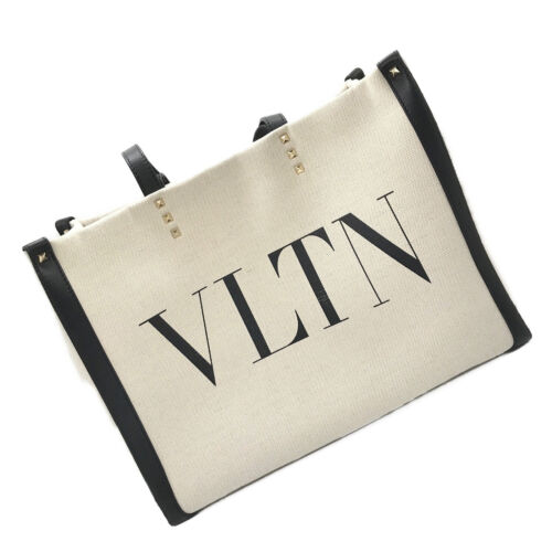 Valentino Garavani VLTN Logo Print Small Tote Bag Ivory Canvas Leather ...