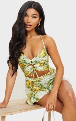 Pretty Little Thing Yellow Floral Print Cut Out Frill Hem Halterneck Shift Dress
